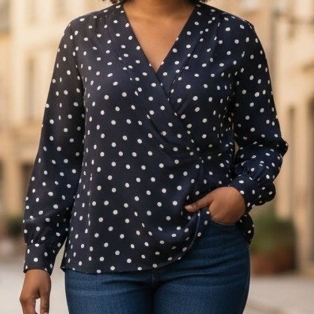Loft Blouse Womens Large Navy Blue Polka Dot V-Neck Long Sleeve Pleated Top